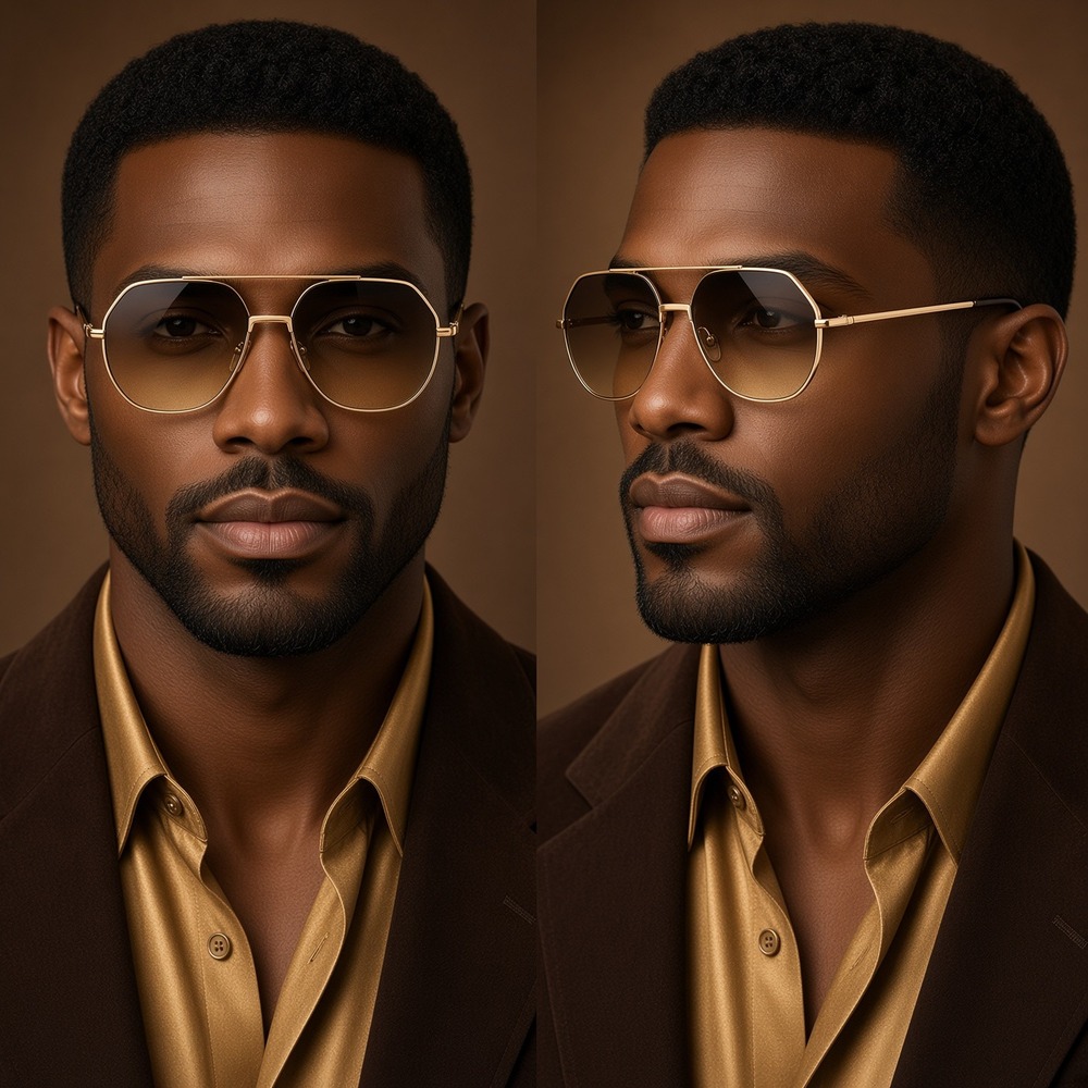 Sunglasses Gold Frame Brown Gradient Lens Fashion‎ Eyewear Pilot Style Flat Lens